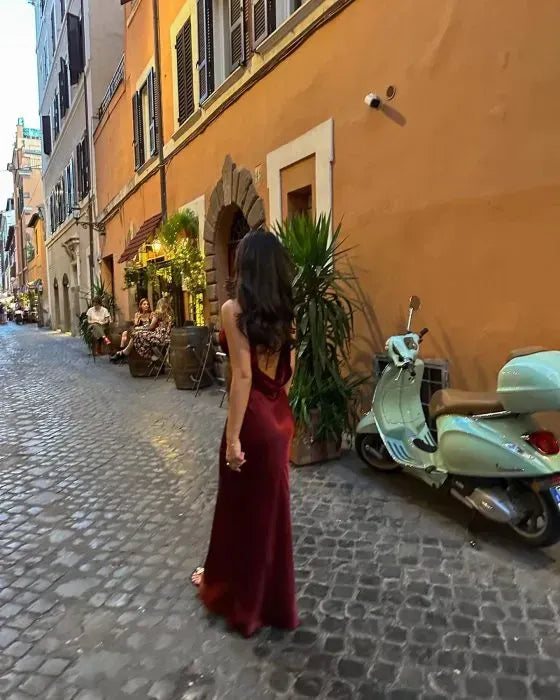 Glam Satin Long Evening Dress Burgundy Halter-Neck Open-Back for Women