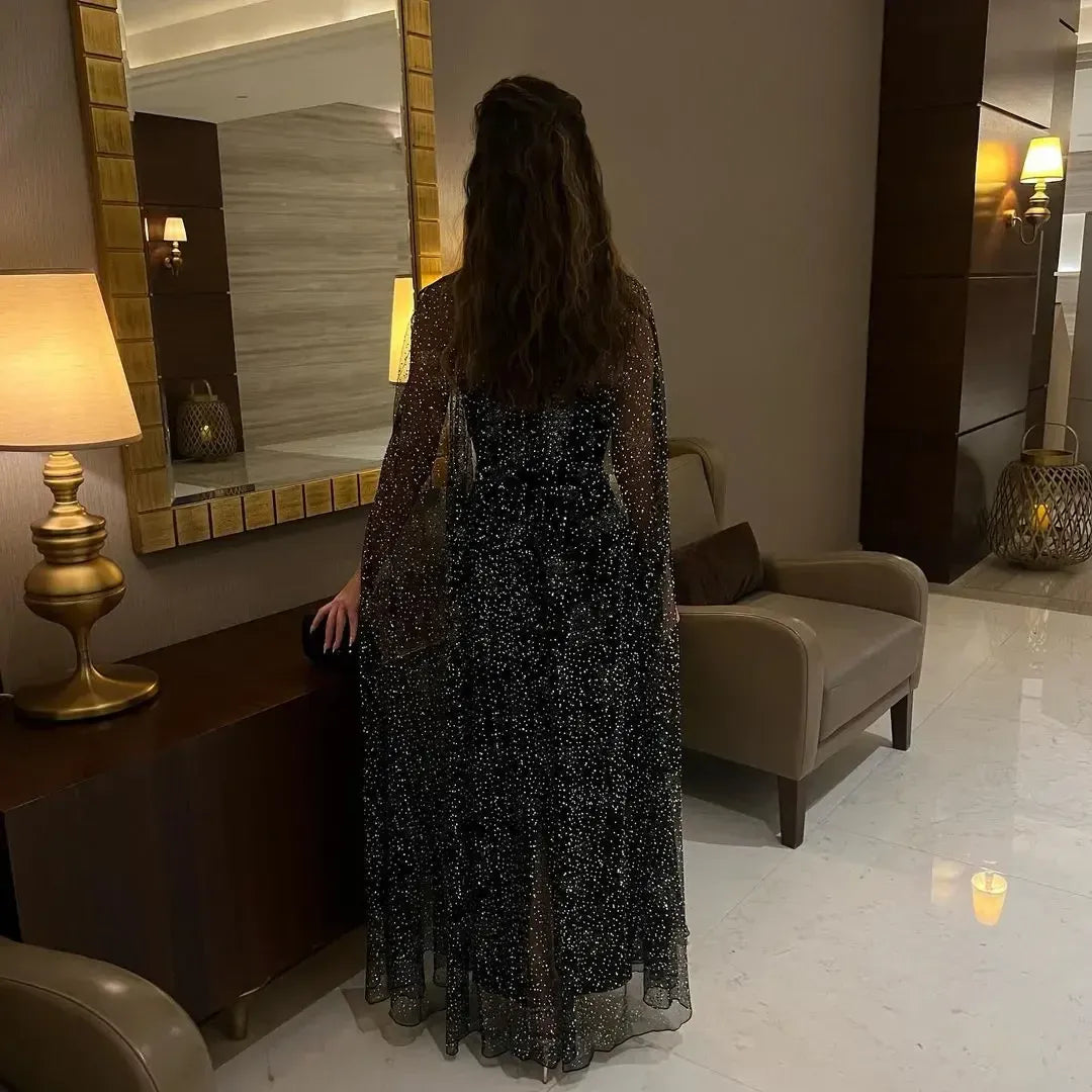 Glam Sequin-Cape Long Evening Dress Black Strapless Tiered for Women