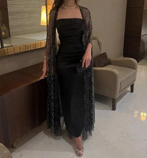 Glam Sequin-Cape Long Evening Dress Black Strapless Tiered for Women