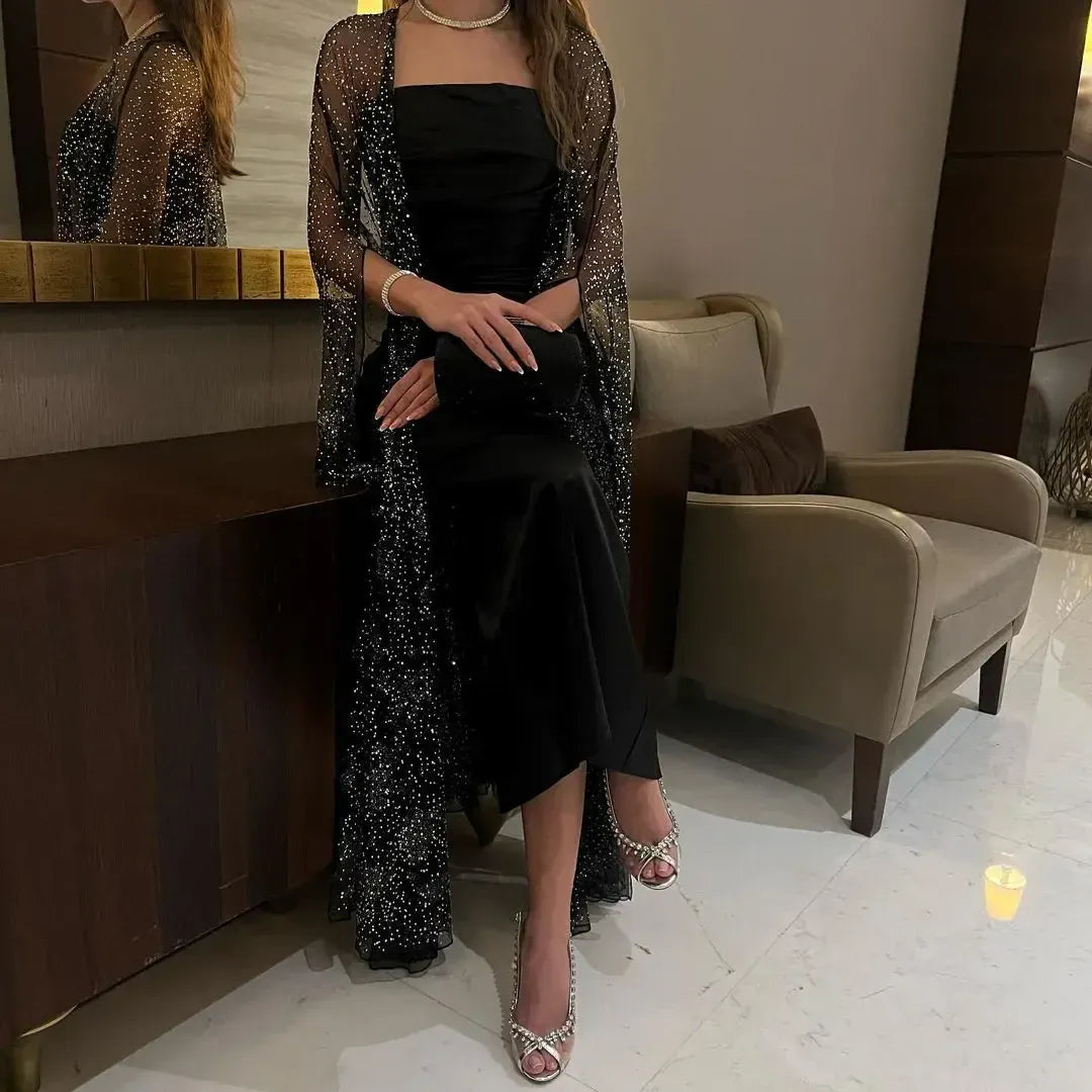 Glam Sequin-Cape Long Evening Dress Black Strapless Tiered for Women