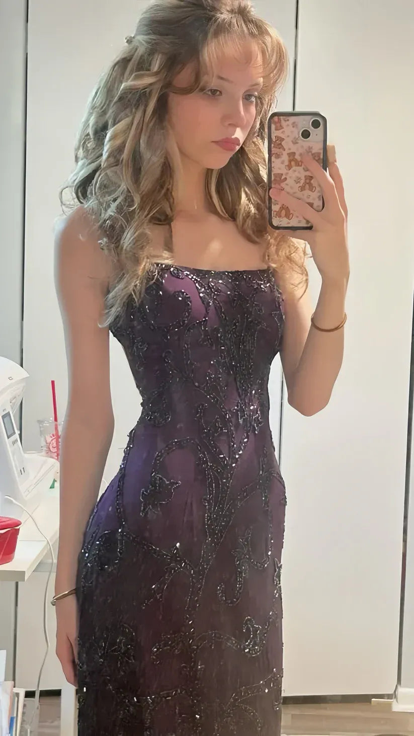 Glam Sequin-Lace Long Evening Dress Plum Purple Square Neck Sleeveless for Women