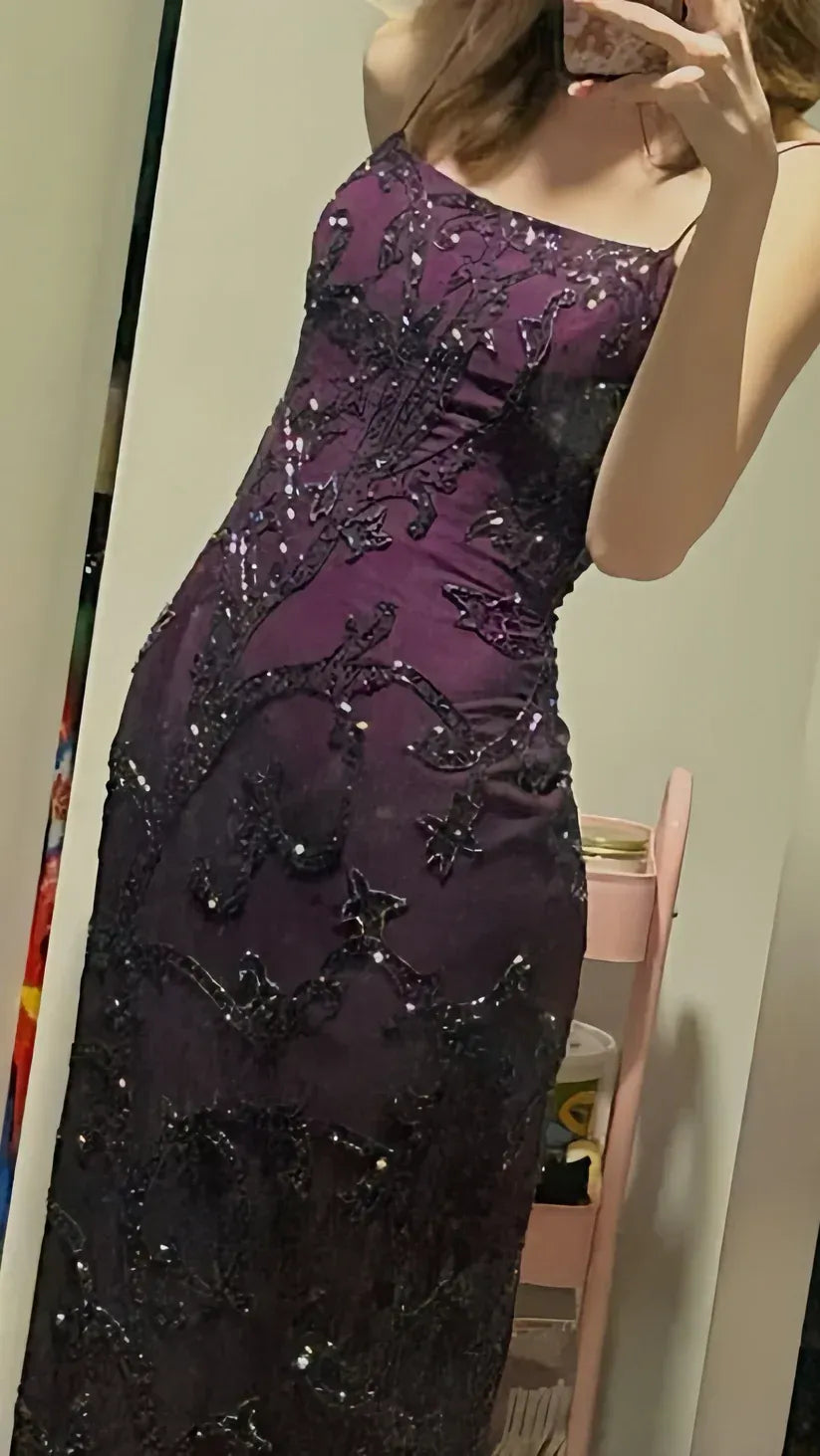 Glam Sequin-Lace Long Evening Dress Plum Purple Square Neck Sleeveless for Women