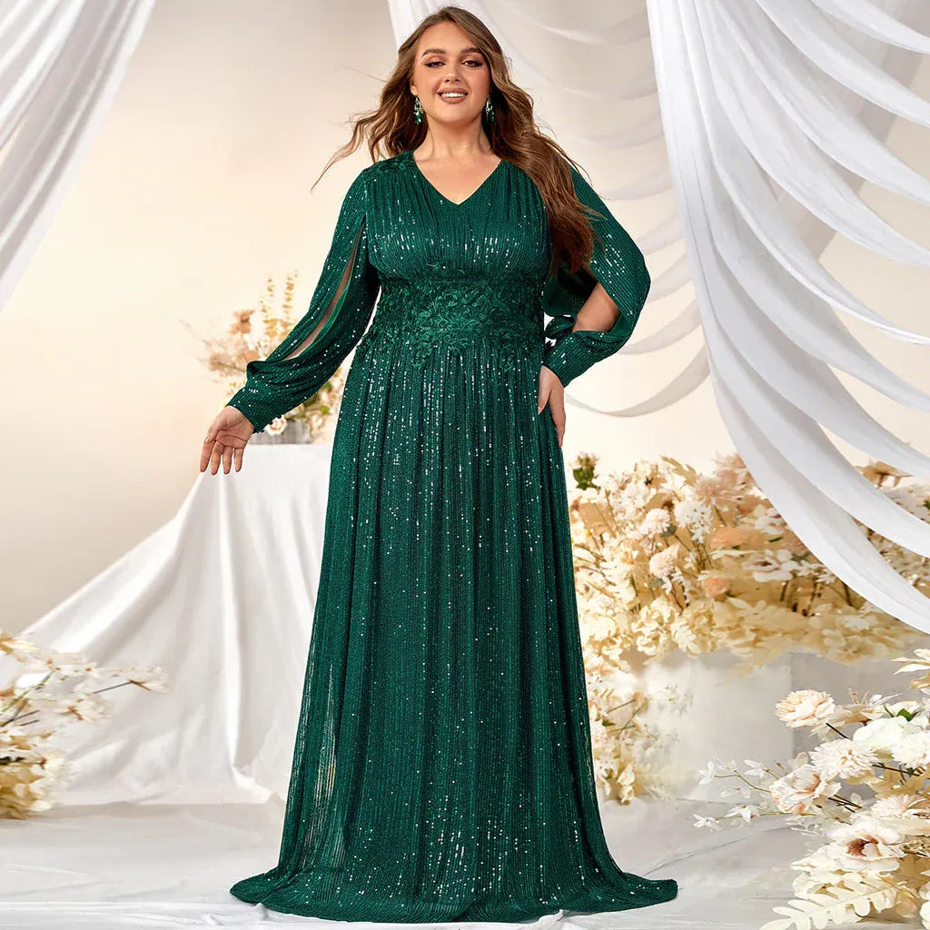 Glam Sequin Long Evening Dress Emerald V-Neck Cutout Sleeve for Plus-Size Women