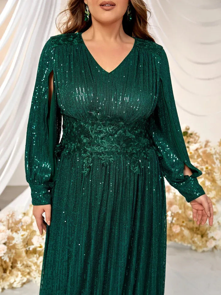 Glam Sequin Long Evening Dress Emerald V-Neck Cutout Sleeve for Plus-Size Women