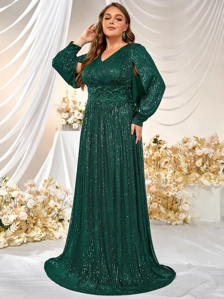 Glam Sequin Long Evening Dress Emerald V-Neck Cutout Sleeve for Plus-Size Women