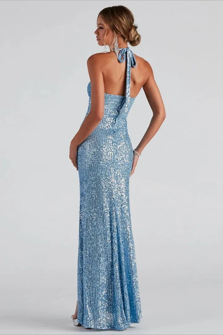 Glam Sequin Long Evening Dress Sky Blue Halter Neck Sleeveless for Women
