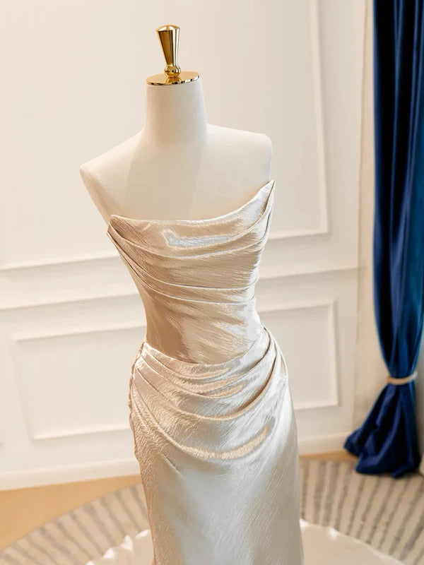 Glam Sheath Strapless Pleated Satin Champagne Formal Evening Dresses