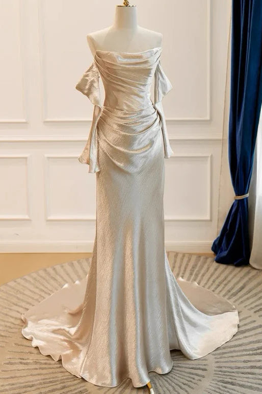 Glam Sheath Strapless Pleated Satin Champagne Formal Evening Dresses