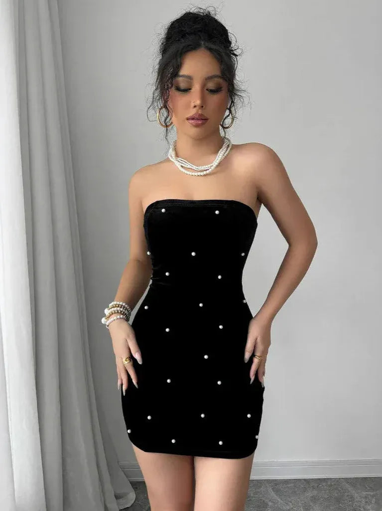 Glam Velvet Mini Evening Dress Black Strapless Pearl Accent for Women
