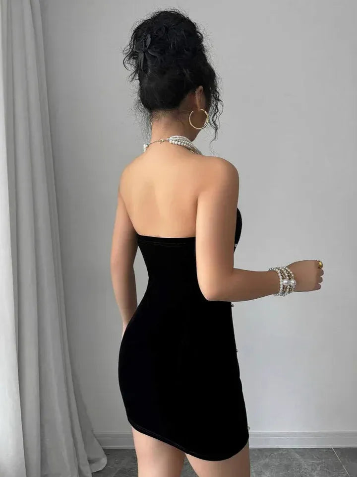 Glam Velvet Mini Evening Dress Black Strapless Pearl Accent for Women