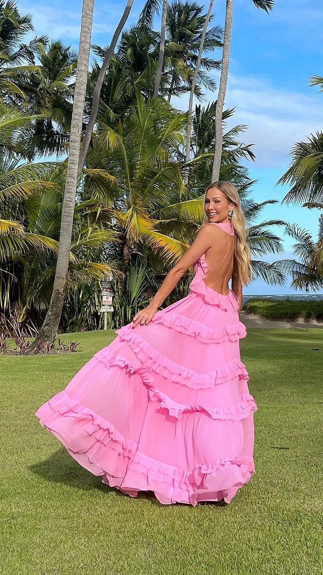 Glamorous A-Line Halter Backless Ruffle Tiered Chiffon Pink Long Prom Dress