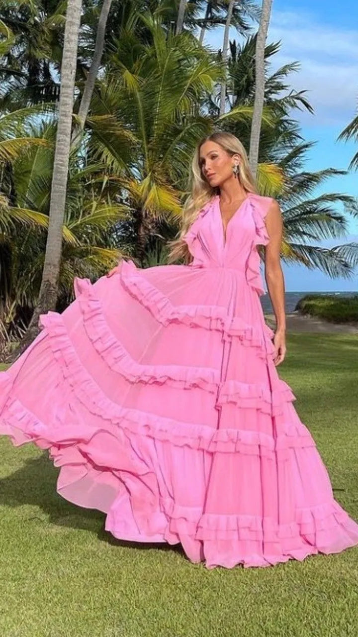 Glamorous A-Line Halter Backless Ruffle Tiered Chiffon Pink Long Prom Dress