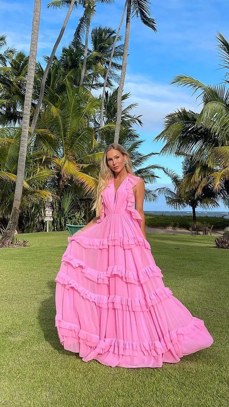 Glamorous A-Line Halter Backless Ruffle Tiered Chiffon Pink Long Prom Dress