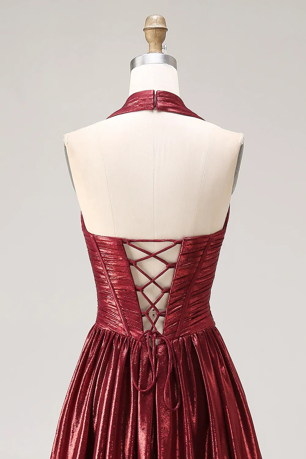 Glamorous A-Line Halter Corset Ruched Lace-Up Metallic Burgundy Maxi Prom Dress