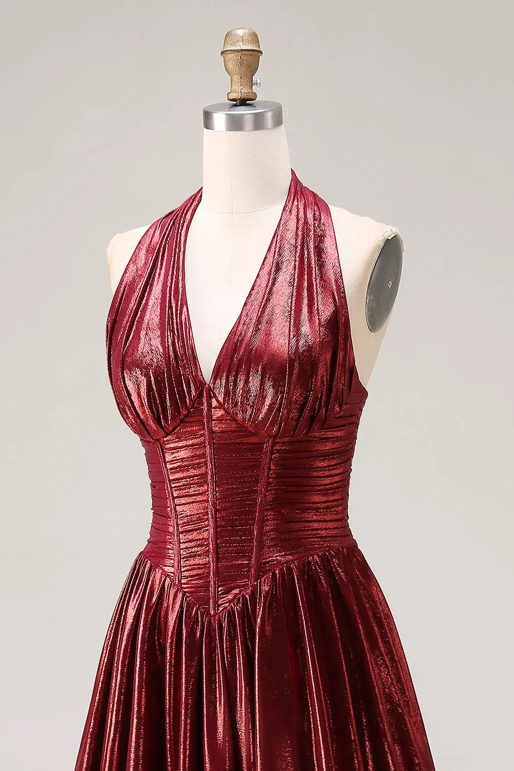 Glamorous A-Line Halter Corset Ruched Lace-Up Metallic Burgundy Maxi Prom Dress