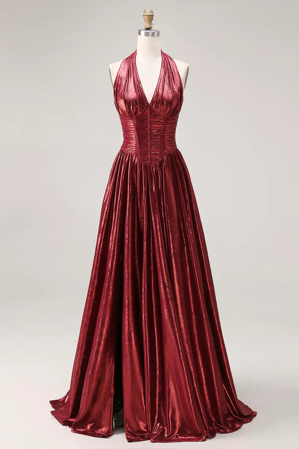Glamorous A-Line Halter Corset Ruched Lace-Up Metallic Burgundy Maxi Prom Dress