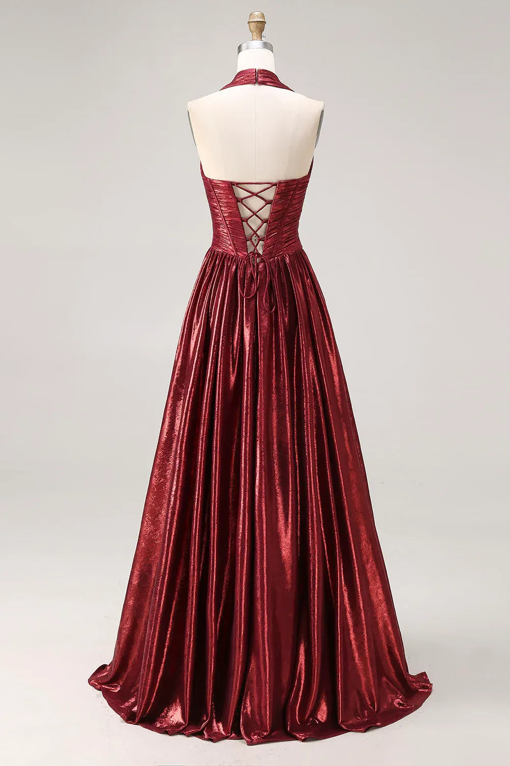Glamorous A-Line Halter Corset Ruched Lace-Up Metallic Burgundy Maxi Prom Dress