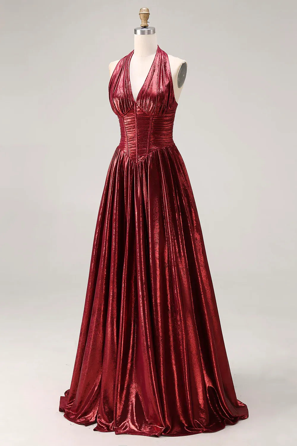 Glamorous A-Line Halter Corset Ruched Lace-Up Metallic Burgundy Maxi Prom Dress