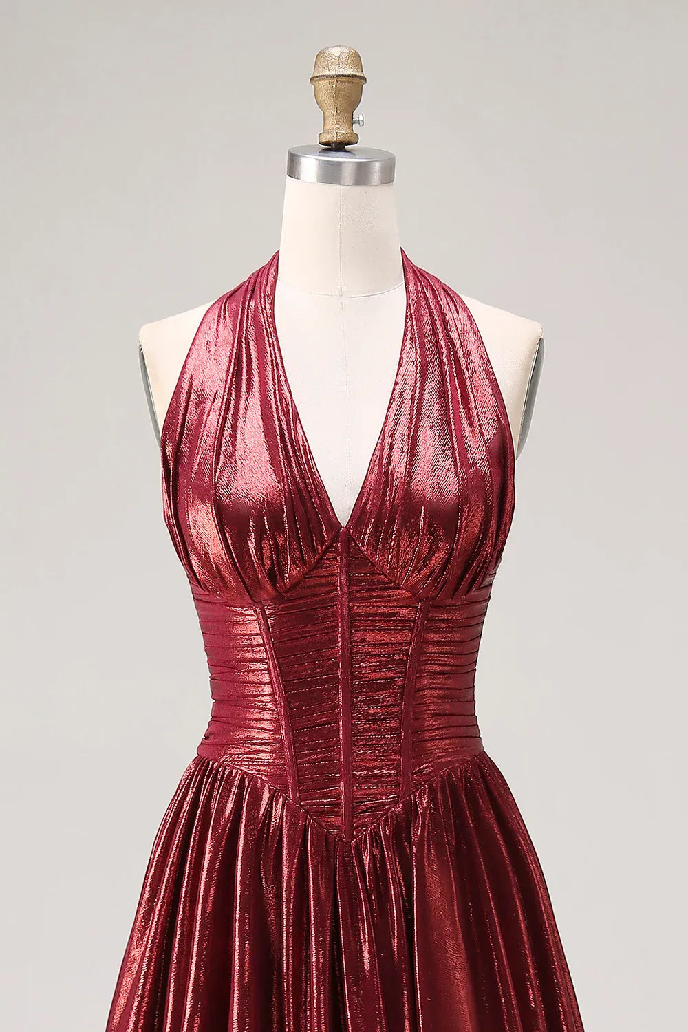 Glamorous A-Line Halter Corset Ruched Lace-Up Metallic Burgundy Maxi Prom Dress