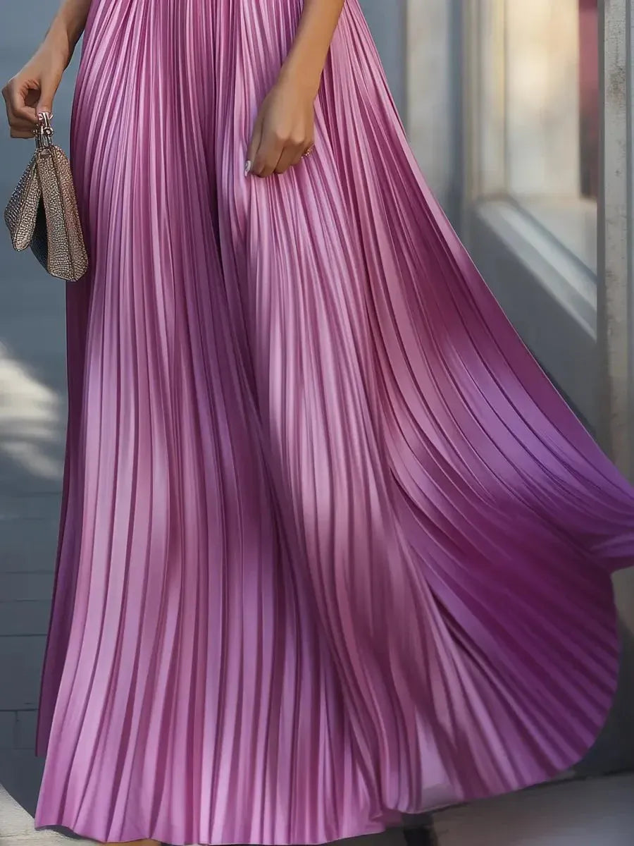 Glamorous A-Line Halter Neck Pleated Ombre Purple Floor-Length Prom Dresses