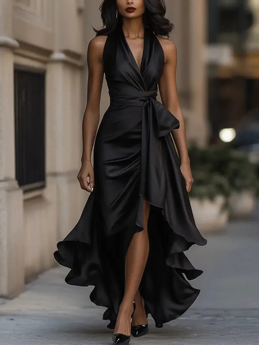 Glamorous A-Line Halter Neck Ruffled High-Low Navy Prom Dresses With Belt