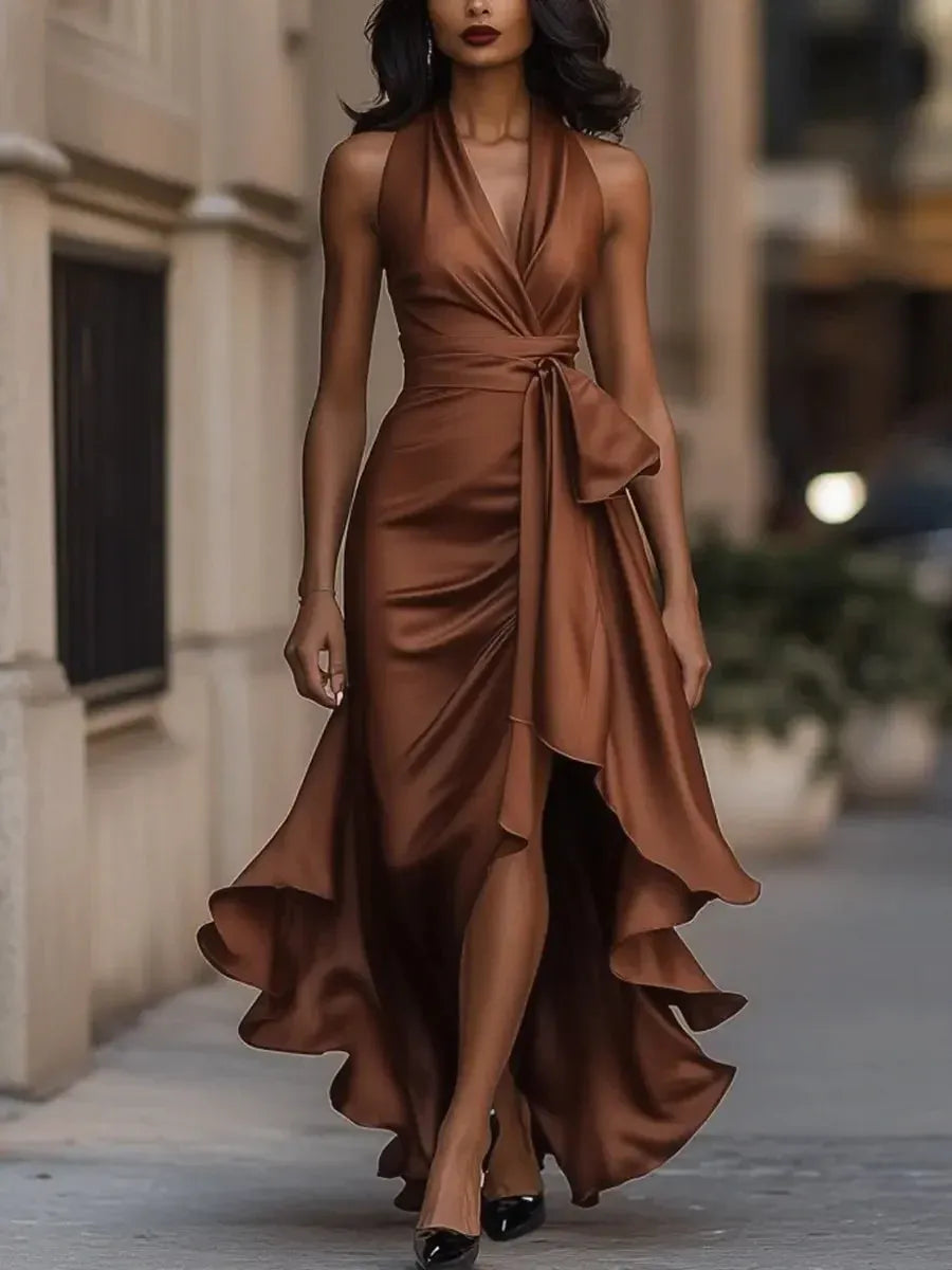 Glamorous A-Line Halter Neck Ruffled High-Low Navy Prom Dresses With Belt