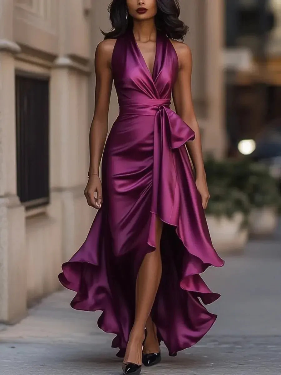 Glamorous A-Line Halter Neck Ruffled High-Low Navy Prom Dresses With Belt