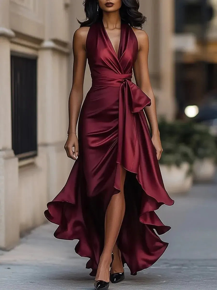 Glamorous A-Line Halter Neck Ruffled High-Low Navy Prom Dresses With Belt