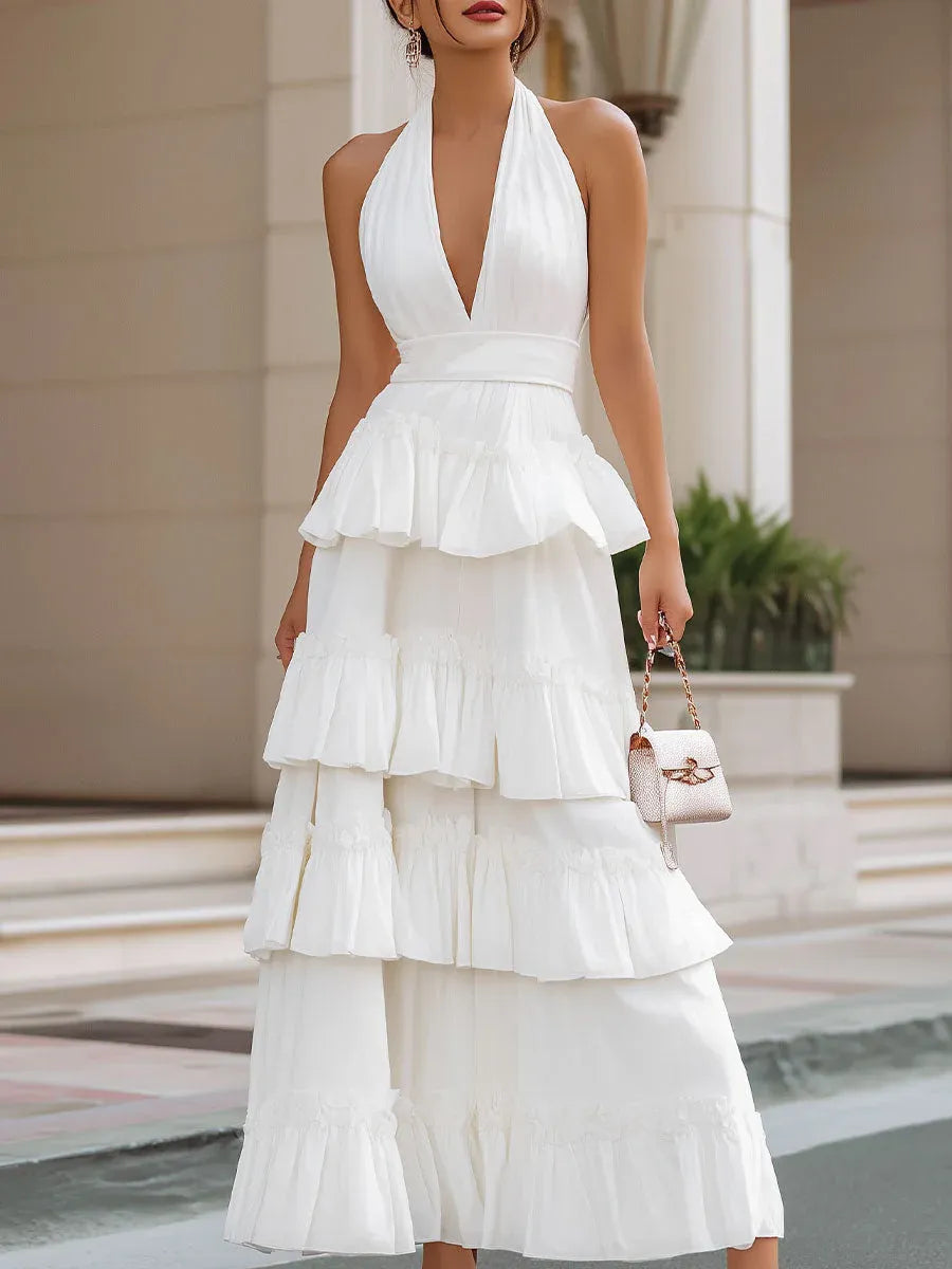 Glamorous A-Line Halter Neck Tiered Ruffled White Floor-Length Prom Dresses