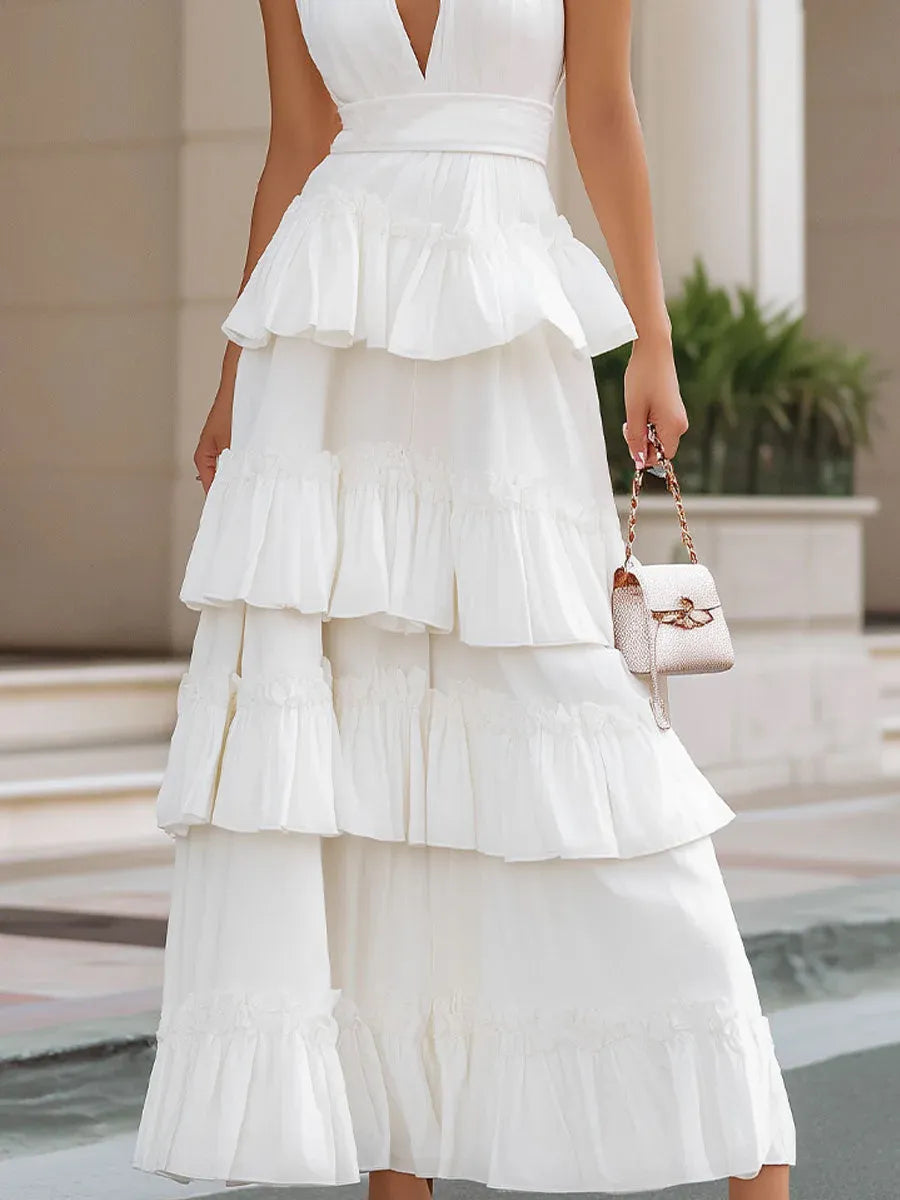 Glamorous A-Line Halter Neck Tiered Ruffled White Floor-Length Prom Dresses