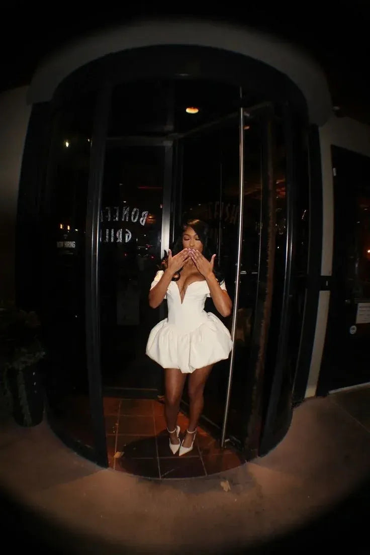 Glamorous A-Line Off-Shoulder White Short Homecoming Dress With Bubble Hem