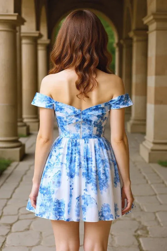 Glamorous A-Line Off-the-Shoulder Floral Print Blue Short Homecoming Dress Price