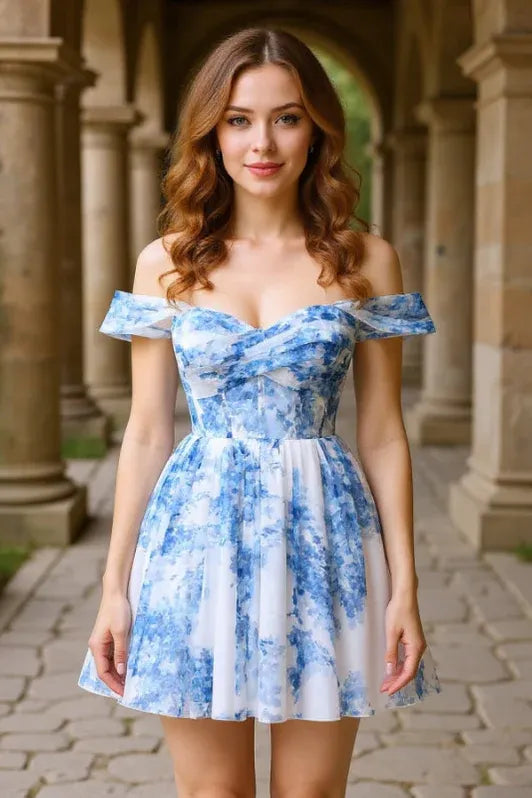 Glamorous A-Line Off-the-Shoulder Floral Print Blue Short Homecoming Dress Price