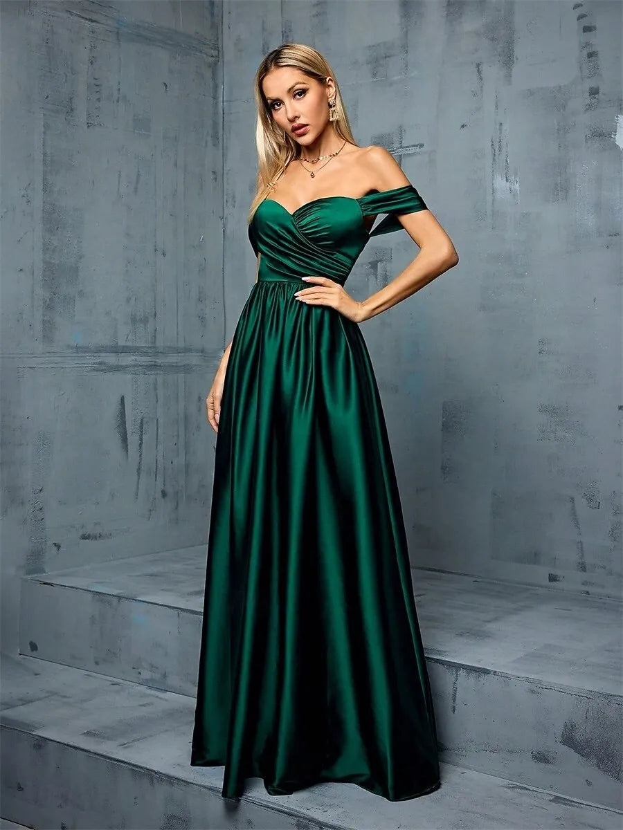 Glamorous A-Line Off-the-Shoulder Pleated Satin Emerald Green Maxi Prom Dress