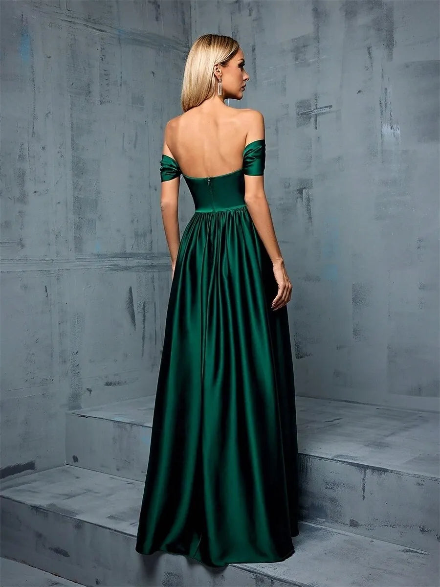 Glamorous A-Line Off-the-Shoulder Pleated Satin Emerald Green Maxi Prom Dress