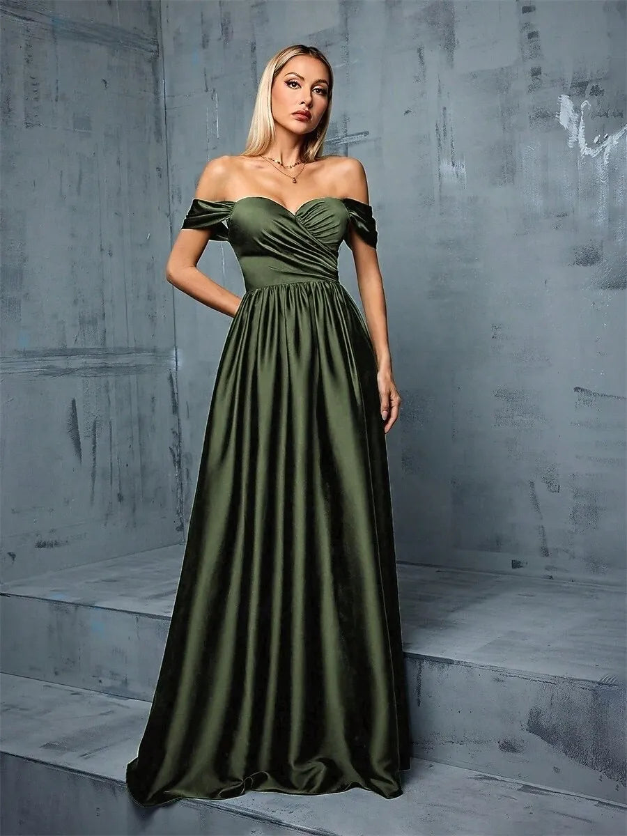 Glamorous A-Line Off-the-Shoulder Pleated Satin Emerald Green Maxi Prom Dress