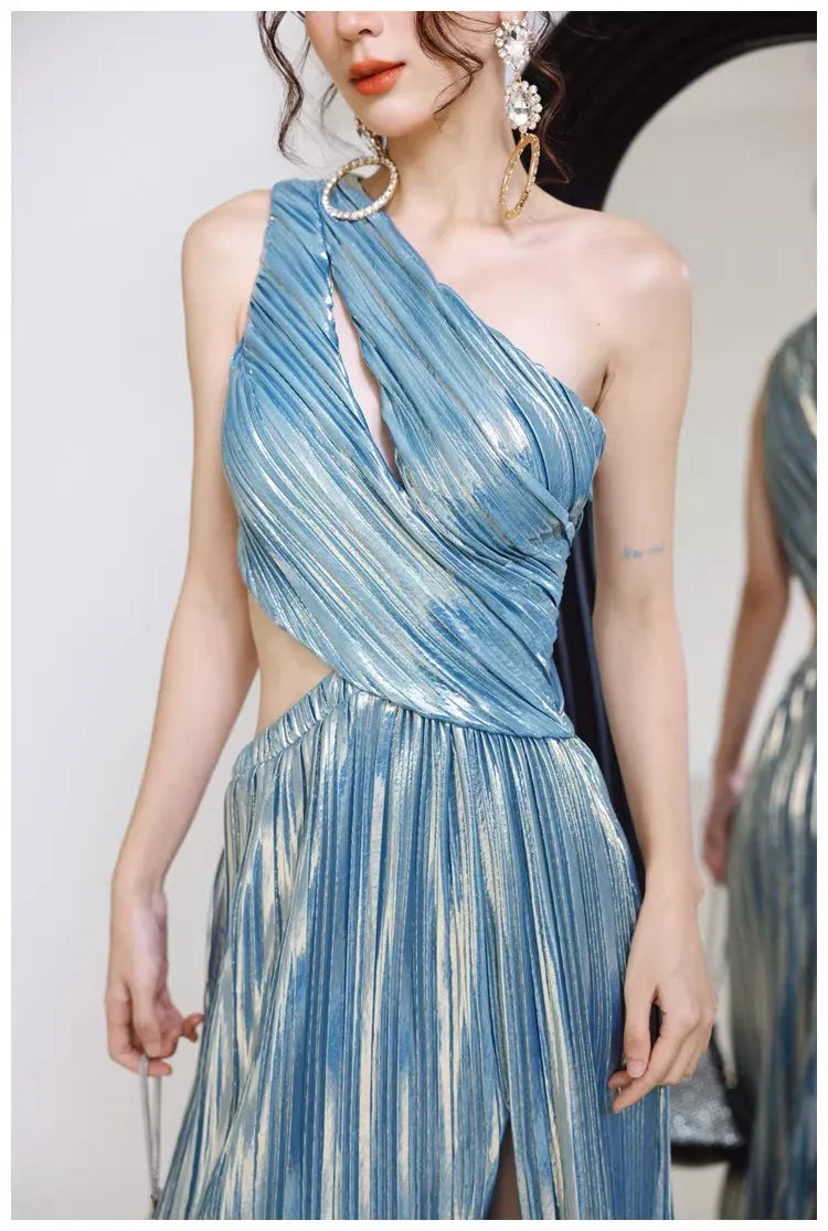 Glamorous A-Line One-Shoulder Cutout Pleated Metallic Blue Long Prom Dress