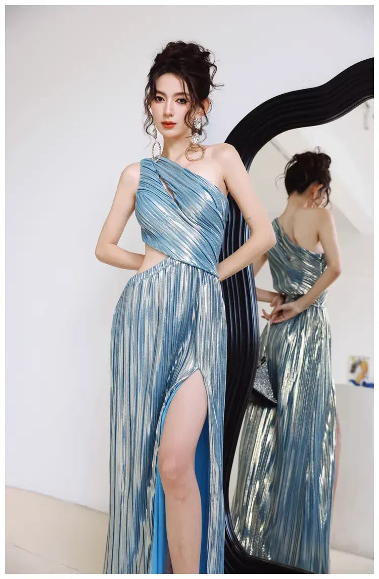 Glamorous A-Line One-Shoulder Cutout Pleated Metallic Blue Long Prom Dress