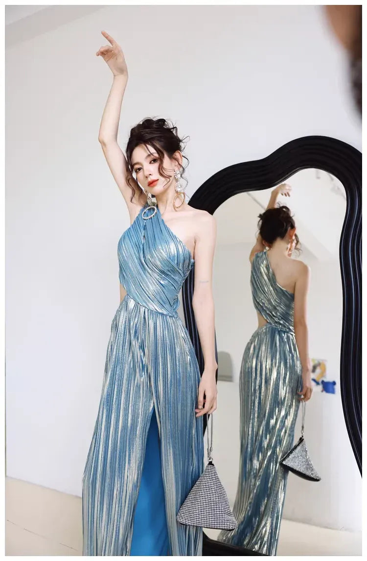 Glamorous A-Line One-Shoulder Cutout Pleated Metallic Blue Long Prom Dress