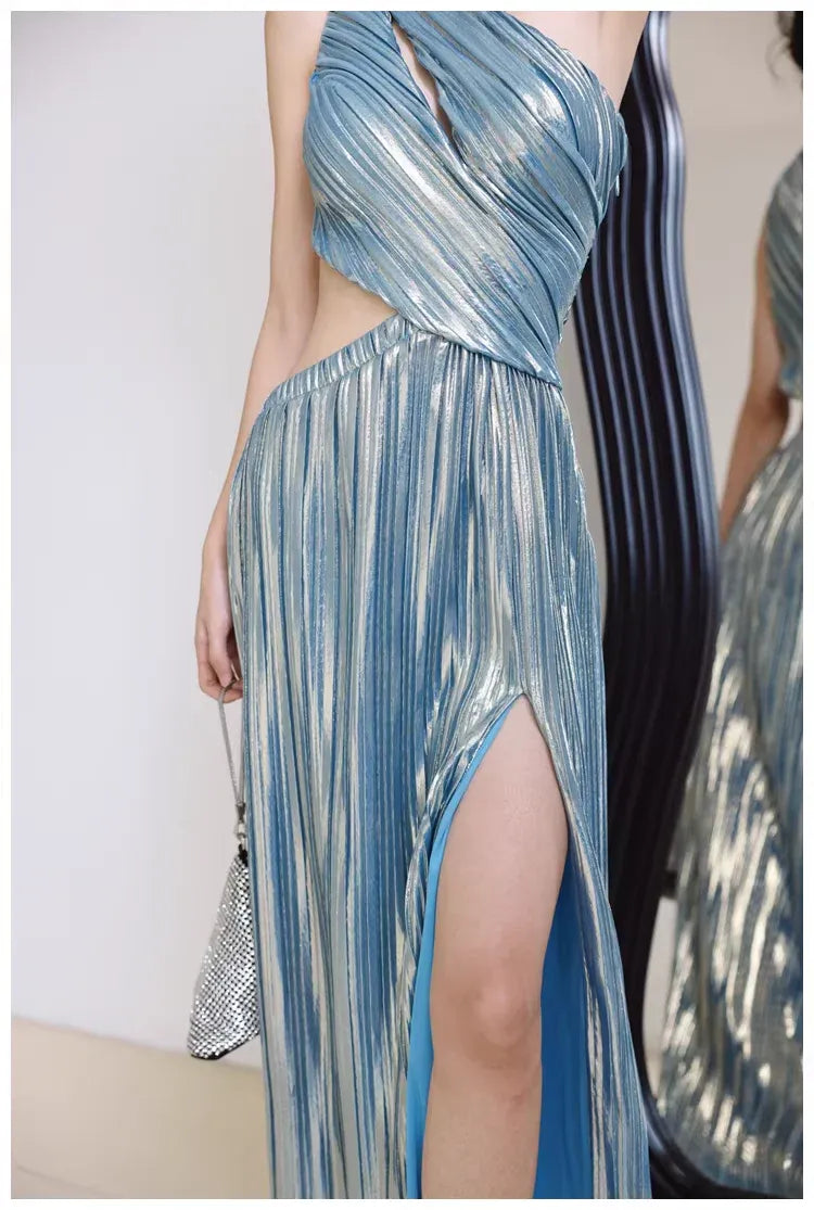 Glamorous A-Line One-Shoulder Cutout Pleated Metallic Blue Long Prom Dress