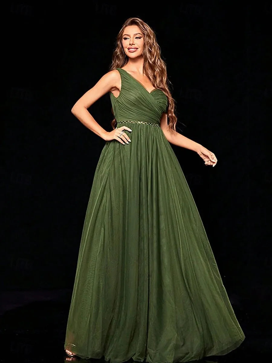 Glamorous A-Line One-Shoulder Pleated Sequins Tulle Teal Maxi Prom Dress