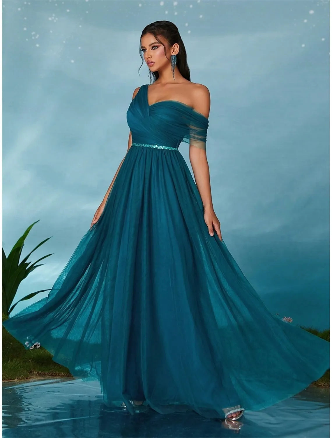 Glamorous A-Line One-Shoulder Pleated Sequins Tulle Teal Maxi Prom Dress