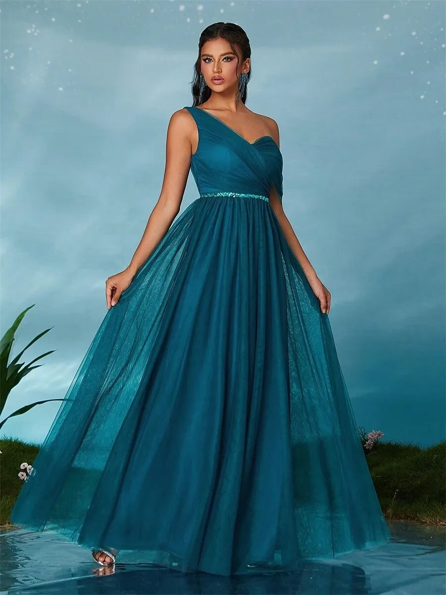Glamorous A-Line One-Shoulder Pleated Sequins Tulle Teal Maxi Prom Dress