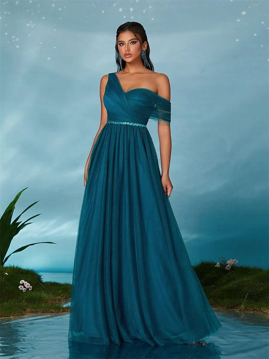 Glamorous A-Line One-Shoulder Pleated Sequins Tulle Teal Maxi Prom Dress