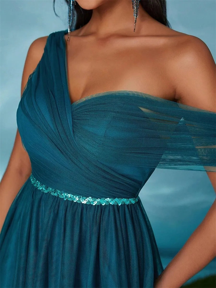 Glamorous A-Line One-Shoulder Pleated Sequins Tulle Teal Maxi Prom Dress