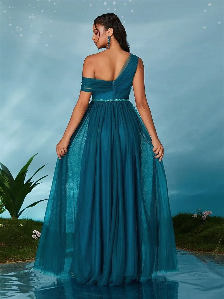 Glamorous A-Line One-Shoulder Pleated Sequins Tulle Teal Maxi Prom Dress