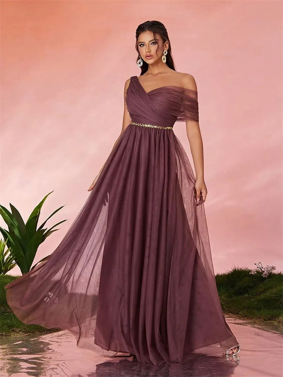 Glamorous A-Line One-Shoulder Pleated Sequins Tulle Teal Maxi Prom Dress