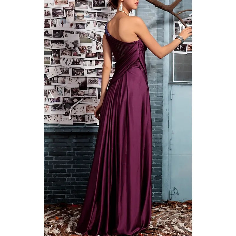 Glamorous A-Line One Shoulder Pleated Beaded Plum Floor Length Prom Dress