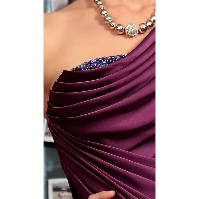 Glamorous A-Line One Shoulder Pleated Beaded Plum Floor Length Prom Dress