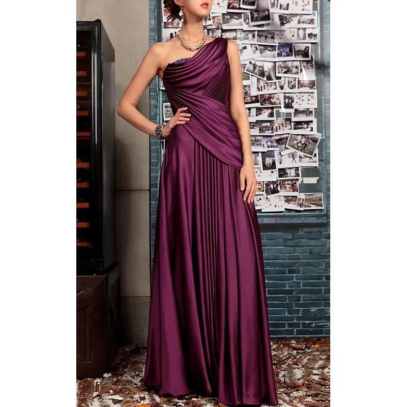Glamorous A-Line One Shoulder Pleated Beaded Plum Floor Length Prom Dress